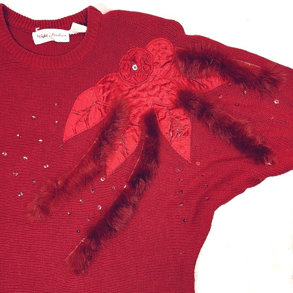 Night Fashion Vintage Red 80s Cocktail Sweater, Women's Large - Picture 3 of 13